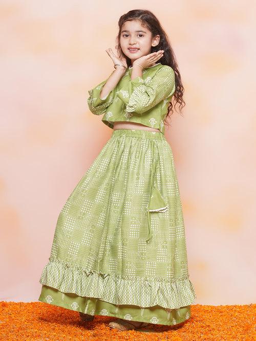 Kids Cotton Printed 3/4th Sleeve Green Lehenga Choli Set For Girls