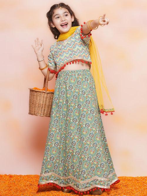 Girls Jacquard Zigzag Printed Half Sleeve Light Green Lehenga Choli Set