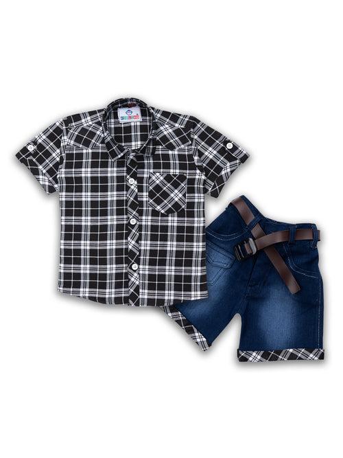 Black Kids Half Sleeve Checkered Shirt & Shorts Set