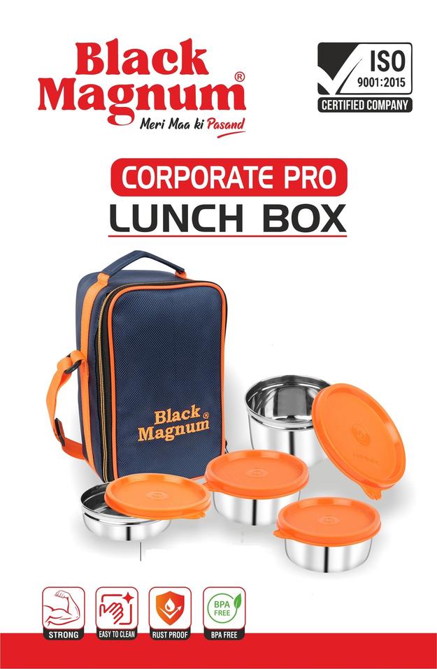 Black Magnum Corporate Pro Stainless Steel Tiffin Box with Bag Set of 4 (1 Pc 600 ML, 2 Pcs 400 ML and 1 Pc 200 ML), Model No CPST-4