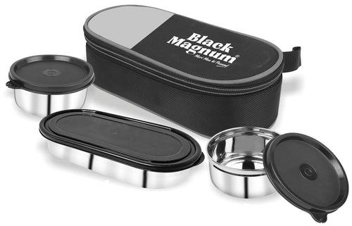 Black Magnum Executive Pro Stainless Steel Tiffin Box with Bag Set of 3 (2 Pcs 400 ML and 1 Pc Chapati Box), Model No EPST-3