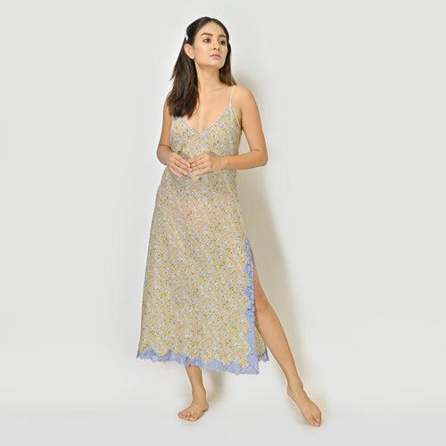 Beige Printed Georgette Bridal Short Nighty for Women