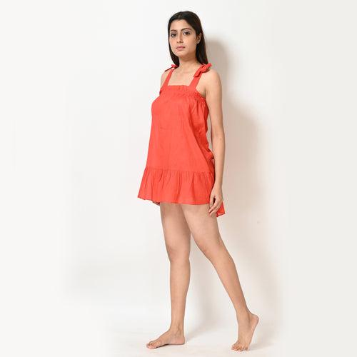 Stylish Women's Orange Polka Dot Short Gown and Spaghetti Strap Nightwear Set