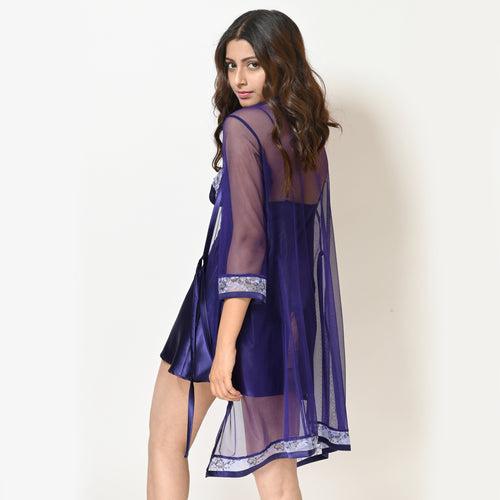 Indigo Satin Short Nighty Gown Set For Women