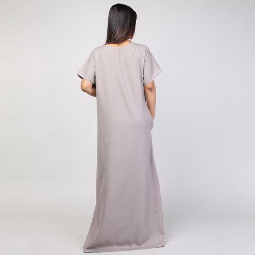 Women Plain Dark Grey Hand Embroidery Spun Nighty