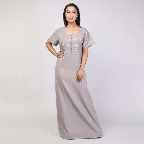 Women Plain Dark Grey Hand Embroidery Spun Nighty