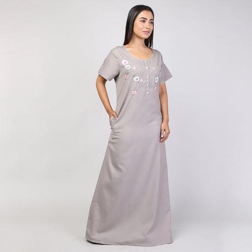 Women Plain Dark Grey Hand Embroidery Spun Nighty