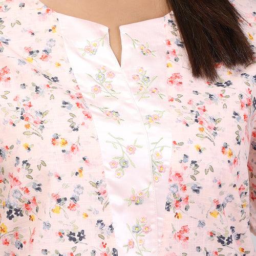 Women Peach Floral Machine Embroidery Cotton Nighty