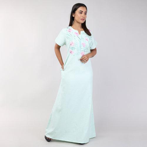 Women Light Green Floral Spun Nighty