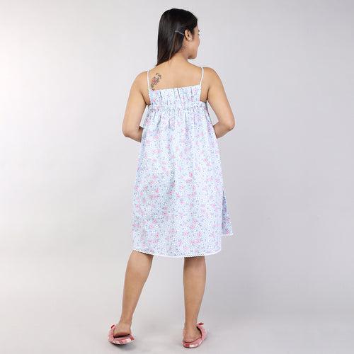 Light Blue Floral Print Women's Short Cotton Nighty