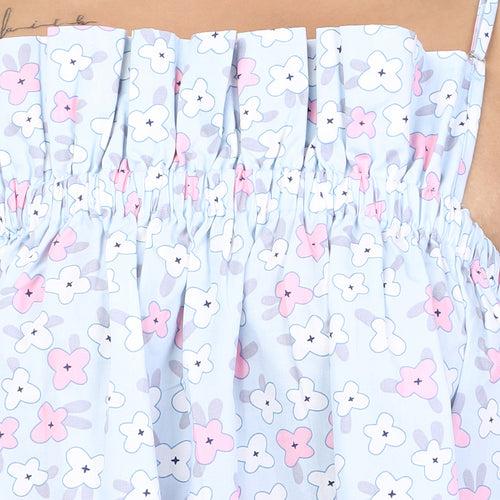 Light Blue Floral Print Women's Short Cotton Nighty