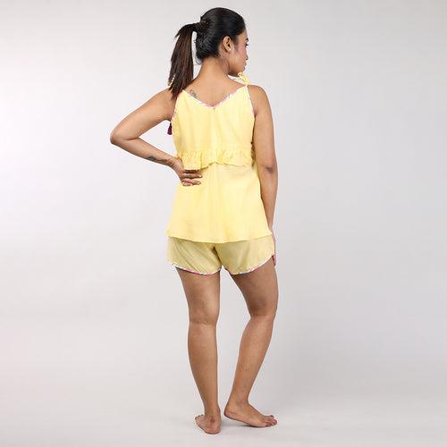 Stylish and Comfortable Yellow Cotton Rayon Women's Shorts Set
