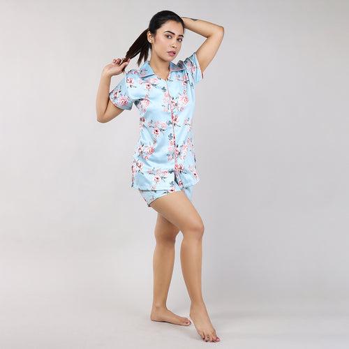 Floral Green Satin Nightwear Set for Women