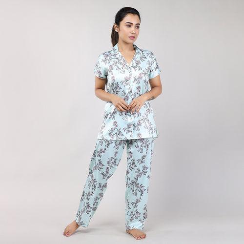 Stylish Light Green Floral Print Satin Nightwear for Women