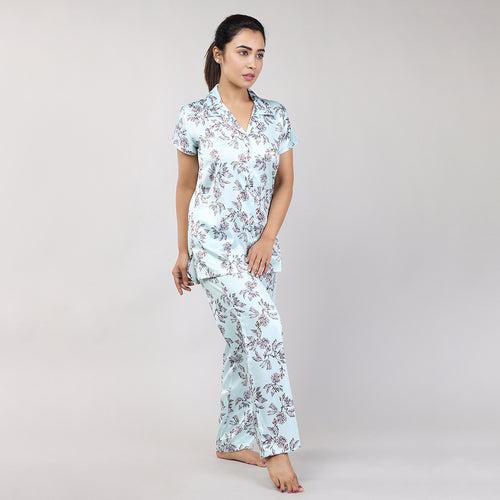 Stylish Light Green Floral Print Satin Nightwear for Women