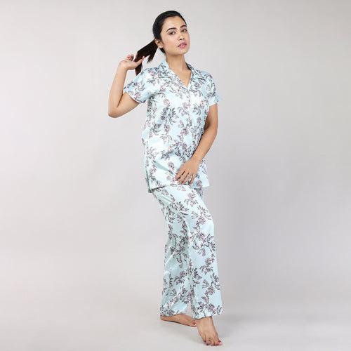 Stylish Light Green Floral Print Satin Nightwear for Women