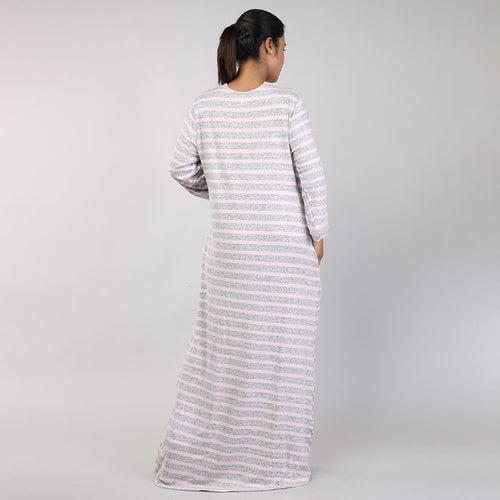 Women Pink Stripes Machine Embroidery Knitted Winter Nighty