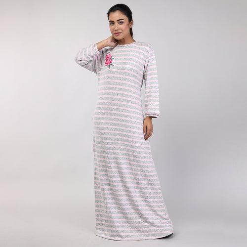 Women Pink Stripes Machine Embroidery Knitted Winter Nighty