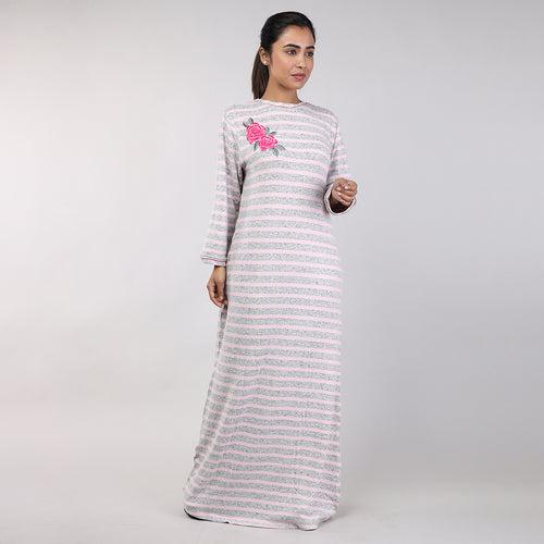 Women Pink Stripes Machine Embroidery Knitted Winter Nighty