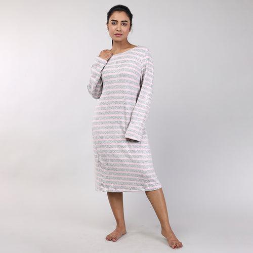 Pink Striped Knitted Women's Winter Nightshirt Cozy & Comfortable