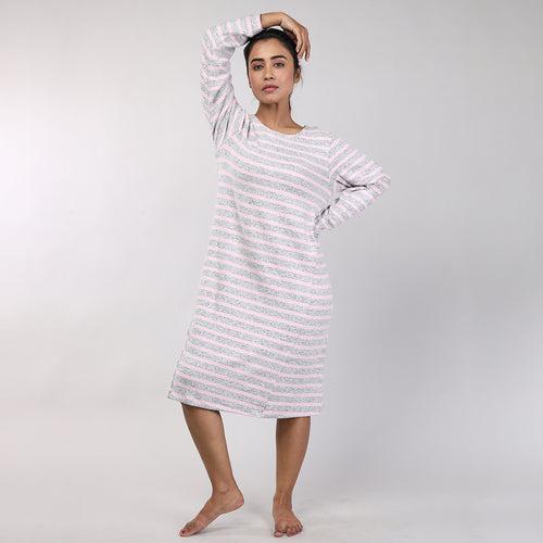 Pink Striped Knitted Women's Winter Nightshirt Cozy & Comfortable