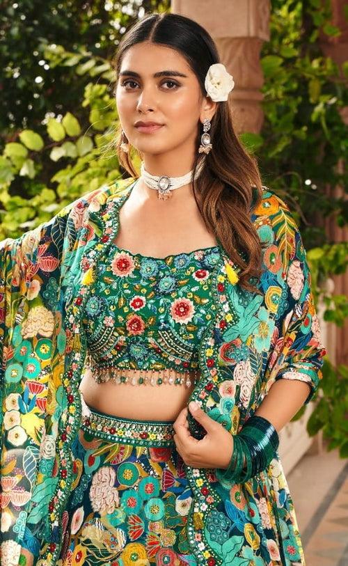 Green Chinon Lehenga  With Mirror And Zarkan