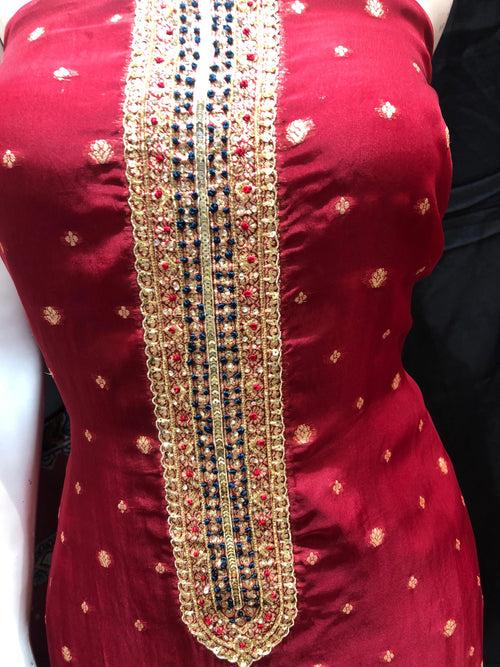 Maroon Organza unstitched Banarsi Suit With Hand Embroidery