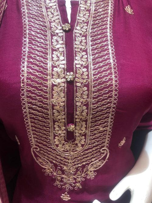 Wine Silk Semi-Stitch Suit With Golden Embroidery