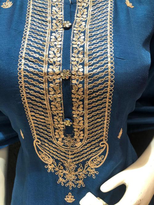 Blue Silk Semi-Stitch Suit With Golden Embroidery