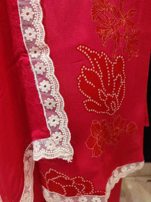 Pink Chinon Crape Semi-Stitch Suit With Handwork And Lacework