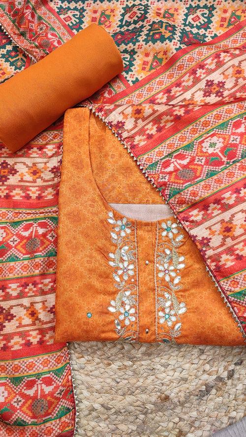 Orange Silk Semistitch Suit With Gota Patti Work