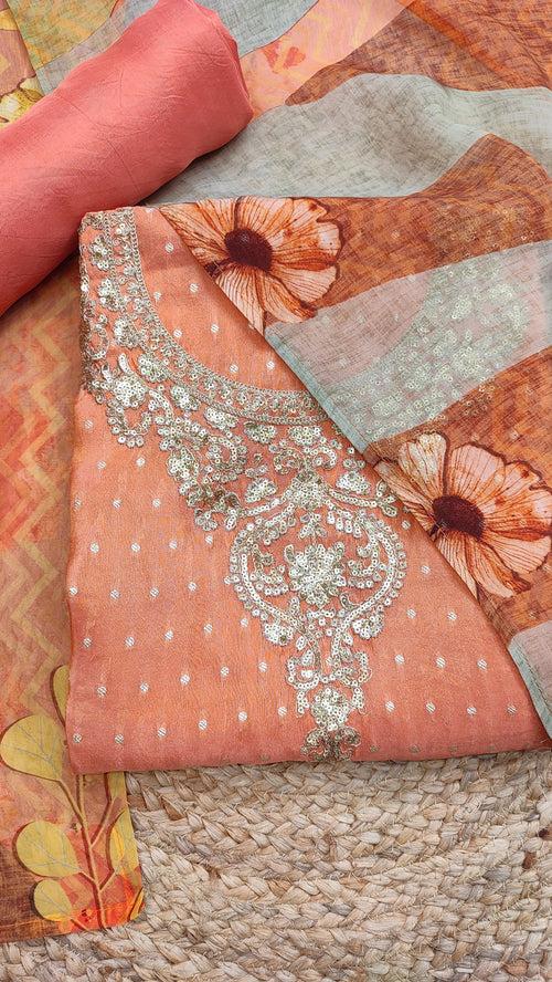 Orange Shimmer Unstitched Suit With Sequins and Zari Work