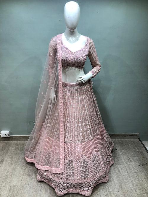 Pink Net Lehenga With Pearl And Sequence