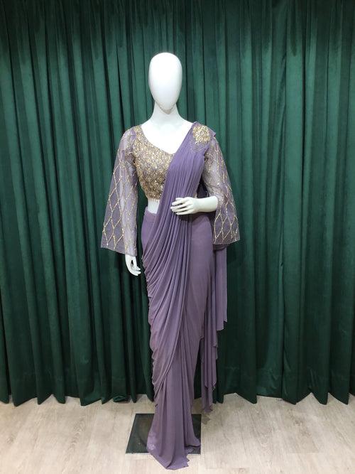 Mauve Lycra Drape saree with sequins and Japanese Cut Dana