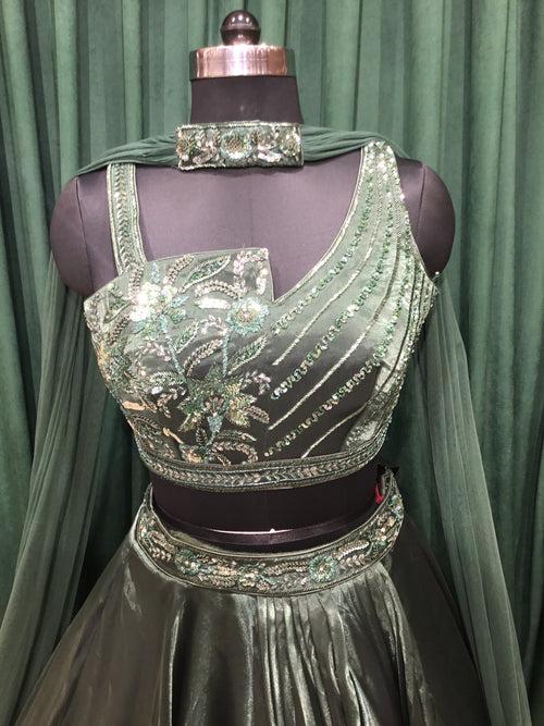 Rama Green Tissue Organza Lehenga With Sequins and Japanese Cut Dana