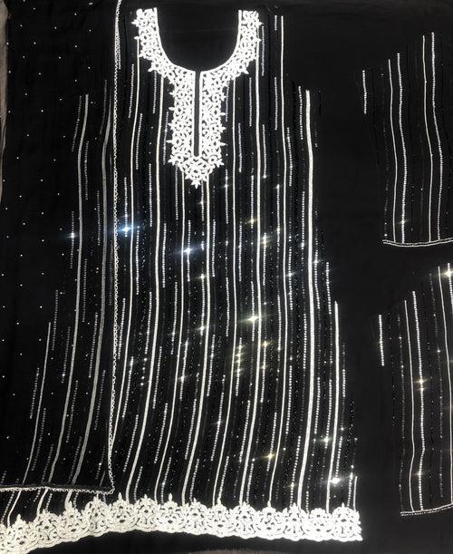 Black Georgette Unstitched Suit With Hand Work