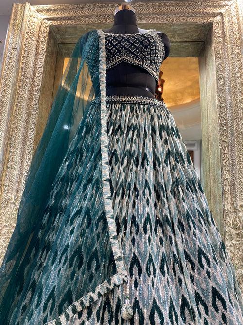 Bottle Green Net Lehenga With Hand Embroidery