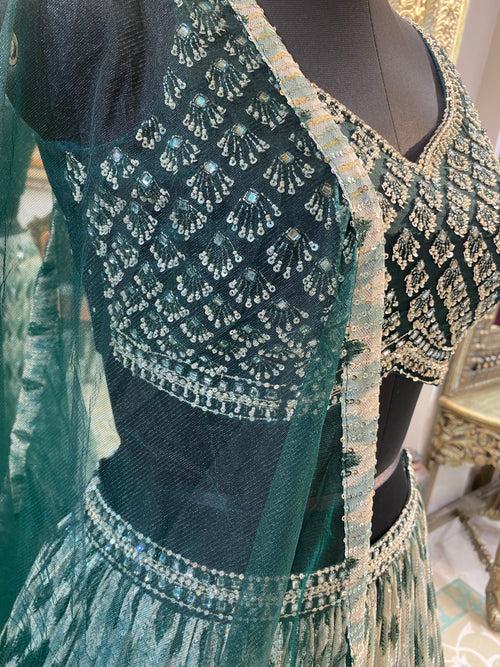 Bottle Green Net Lehenga With Hand Embroidery