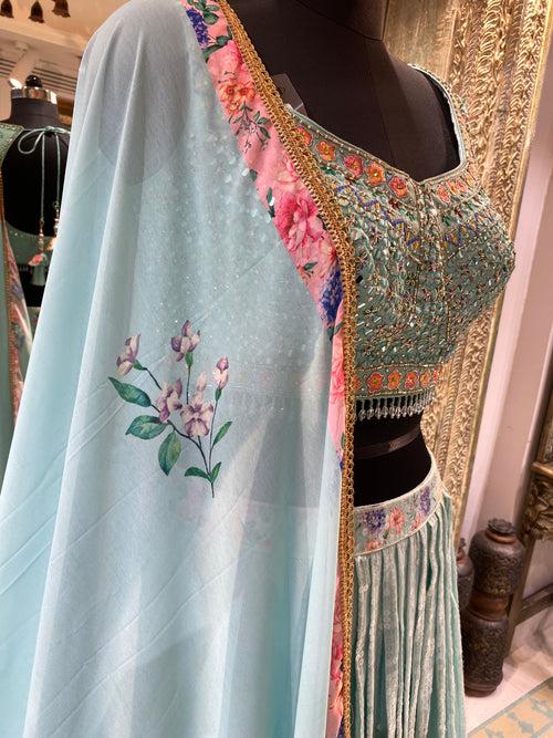 Georgette Floral Lehenga With Sequins, Thread, Mirror and Zardozi Work