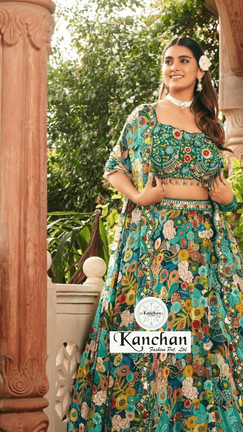 Green Chinon Lehenga  With Mirror And Zarkan