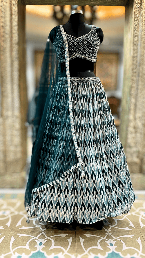 Bottle Green Net Lehenga With Hand Embroidery