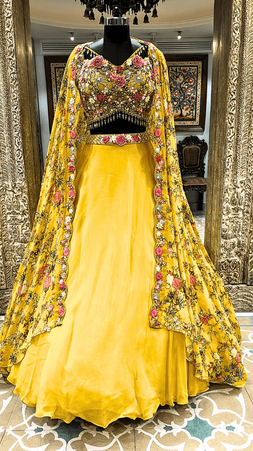 Mustard Georgette Lehenga With Sequence and Multi Patch