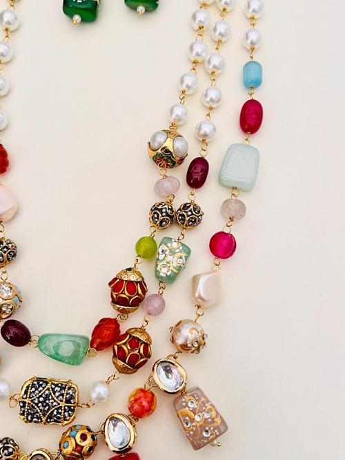 Statement Multicolour Beads Navrattan Kundan Necklace Set