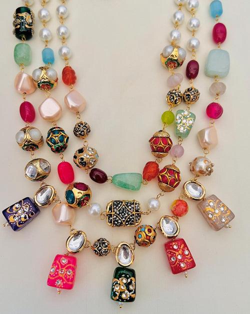 Statement Multicolour Beads Navrattan Kundan Necklace Set