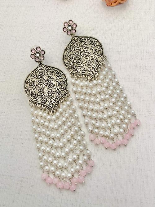 Long German Silver Pearl Drops Earrings