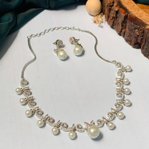Statement Silver Plated Diamond Pearl Drop Necklace