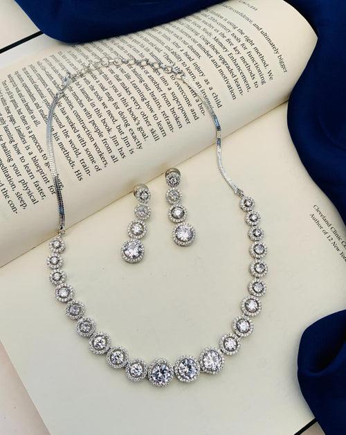 Round Silver Plated American Diamond Necklace Set