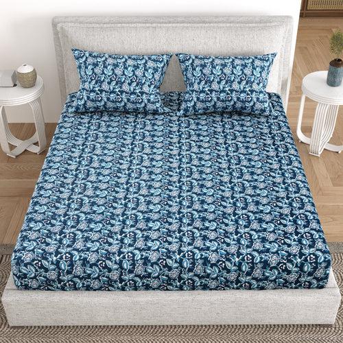 5 PC Bedding Set ( 1 Double Bedsheet with 2 Pillow Covers & 2 Single Dohar ) Floral Design Cotton Blue Colour - Kalamkari Collection