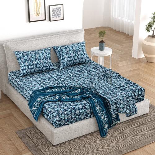 5 PC Bedding Set ( 1 Double Bedsheet with 2 Pillow Covers & 2 Single Dohar ) Floral Design Cotton Blue Colour - Kalamkari Collection