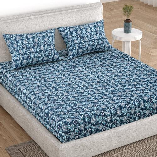 5 PC Bedding Set ( 1 Double Bedsheet with 2 Pillow Covers & 2 Single Dohar ) Floral Design Cotton Blue Colour - Kalamkari Collection